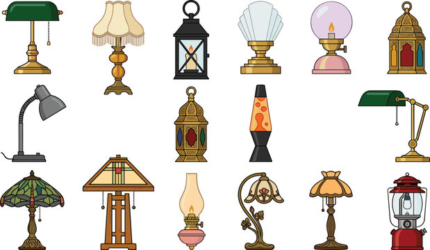 Vintage Table Lamps and Retro Lighting Fixtures Vector Icon Collection Featuring Bankers Lamp Tiffany Style Lava Lamp and Moroccan Lanterns for Interior Designs