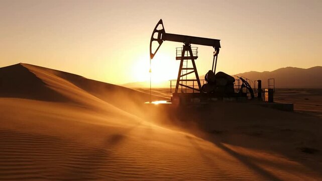 Oil pump jack working in desert sand dunes at sunset with blowing sand and golden hour lighting for energy industry