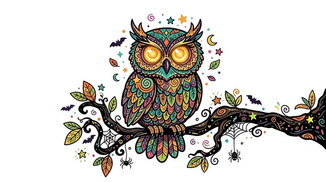 Halloween owl illustration with colorful patterns perched on a tree