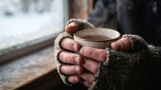 Person holding hot drink in woolen gloves by window