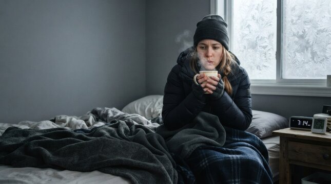 Woman feeling cold holding hot drink in bed