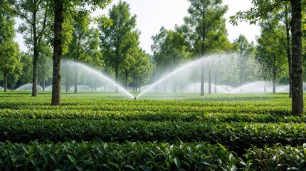 Fototapeta premium Modern water sprinklers irrigate rich green tea plantation field during dry season. Automatic irrigation system sprays water on tea leaves to support crop growth. High tech agriculture management