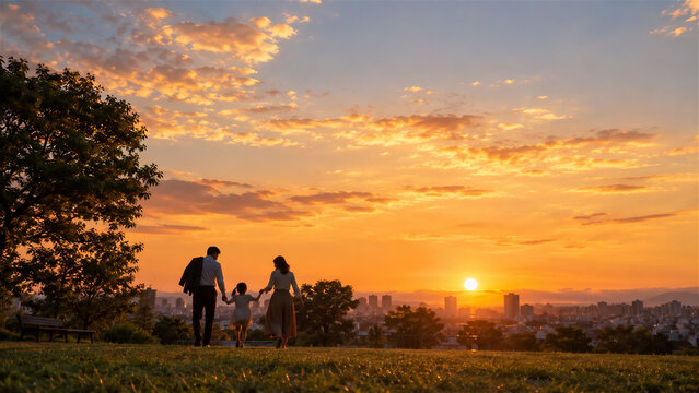 美しい夕日を背景に丘の上の公園を手を繋いで歩く家族のシルエット。仕事終わりの穏やかな時間と家族の絆。 generative ai