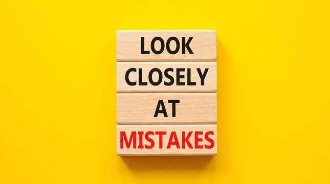 Look Closely at Mistakes, a motivational business concept. Wooden blocks with text on a vibrant yellow background, emphasizing learning from errors and problem-solving.