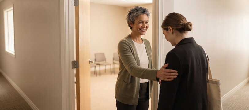 Peer mentor welcoming newcomer at office doorway