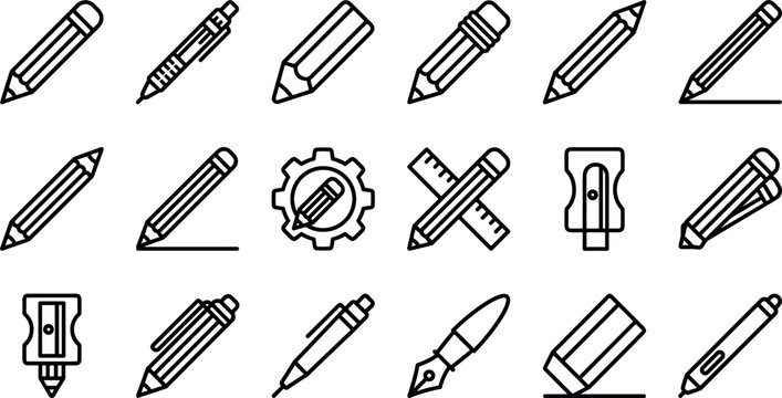Collection of various writing implements depicted as linear vector illustrations on a white background pen