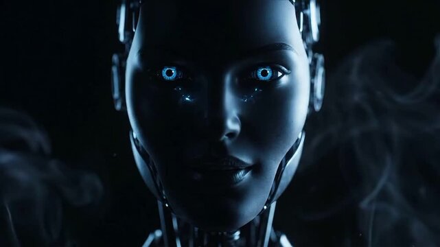 Surreal futuristic humanoid robot emerging from darkness saying welcome