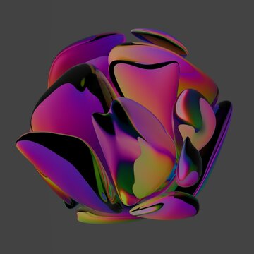 Abstract iridescent sculptural form with fluid geometry.