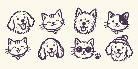 Fototapeta premium Cute hand-drawn cat and dog portrait doodles with smiling puppy and kitten faces.