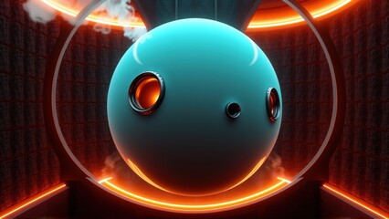 Fototapeta premium Futuristic sphere glows within circular orange structure. Smoke rises above, creating dramatic lighting effect. Dark background emphasizes central object.