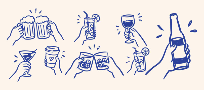 Hand-drawn doodles of hands holding drinks and cheering with beer wine cocktails and coffee.