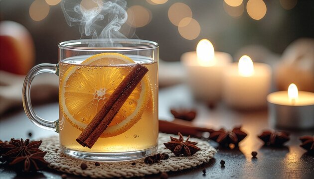 A cozy glass mug of steaming hot spiced tea with an orange slice and cinnamon stick, resting on a woven coaster surrounded by star anise. Warm candle light and glowing bokeh create a relaxing mood.