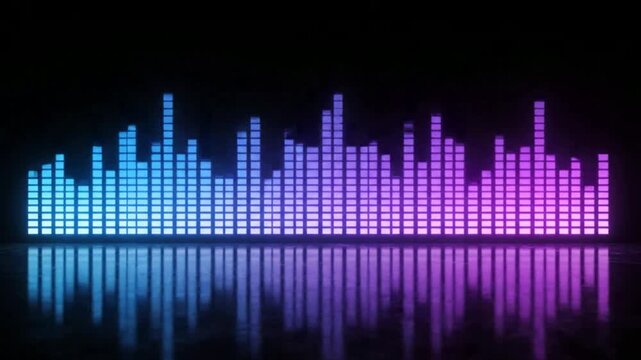 Neon audio equalizer visualizer with blue and purple glowing sound waves pulsing on a reflective floor