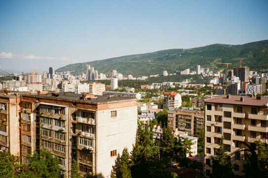 35mm film image of soviet era apartment buildings in Tbilisi