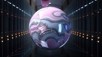 Fototapeta premium Swirling pink sphere floats within dark tunnel. Lights line walls creating symmetrical perspective. Abstract digital rendering.