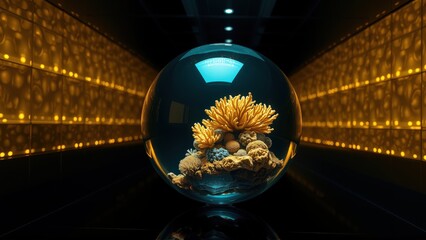 Fototapeta premium Glass sphere contains coral reef scene. Dramatic lighting creates tunnel illusion. Reflective surface adds depth, mystery.