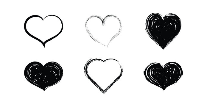 Black Brush Stroke Heart Icon Collection. Hand Drawn cute Love Symbols with Inked Artistic Marks. Suitable for love, romance, Valentine&rsquo;s Day, greeting cards, branding and creative design projects.