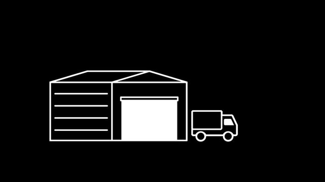 Delivery Truck Leaving Warehouse with Opening and Closing Roller Shutter