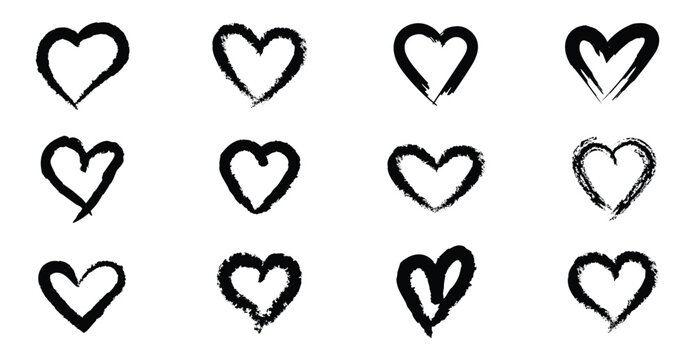 Brush stroke heart outline set. Rough grungy hand drawn scribble. Simple cute love and romantic icons. Abstract doodle heart shapes trendy minimal sketch.
