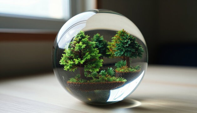 Glass sphere with miniature forest reflective table soft light indoor scene green tree nature model clear crystal blurred background