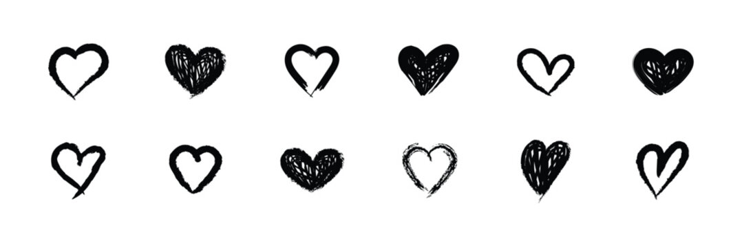 Black Brush Stroke Heart Icon Collection. Hand Drawn Love Symbols with Inked Artistic Marks. Suitable for love, romance, Valentine&rsquo;s Day, greeting cards, branding and creative design projects.