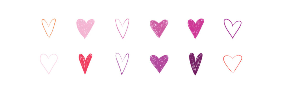 Brush Stroke Heart Icon set. Collection of pink brush stroke heart icons in different shades . Features artistic ink marks, rough outlines, organic shapes and freehand brush details. 