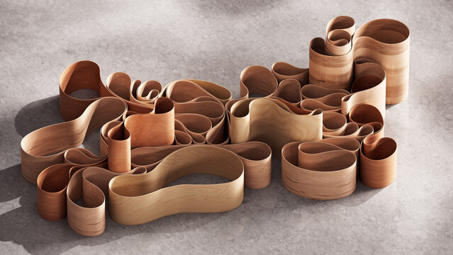 Abstract Wood Ribbon Sculpture on Concrete Floor