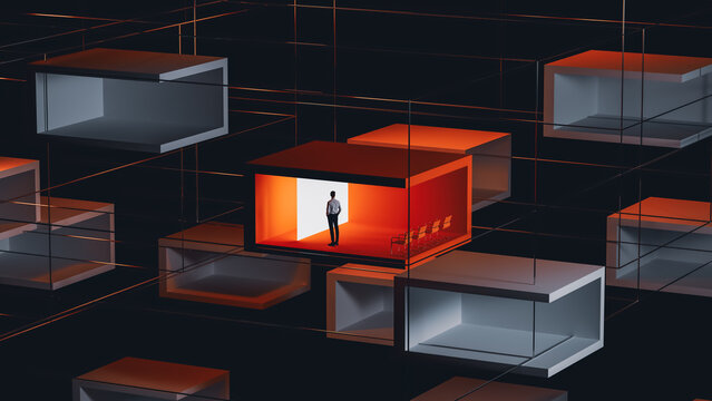 Businessman in Futuristic Floating Corporate Meeting Space