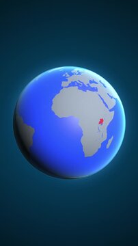 The animation shows a graphic representation of the earth and highlights the location and map of Uganda colored red in vertical format.