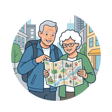 Elderly couple looking at a map on a city street while traveling.