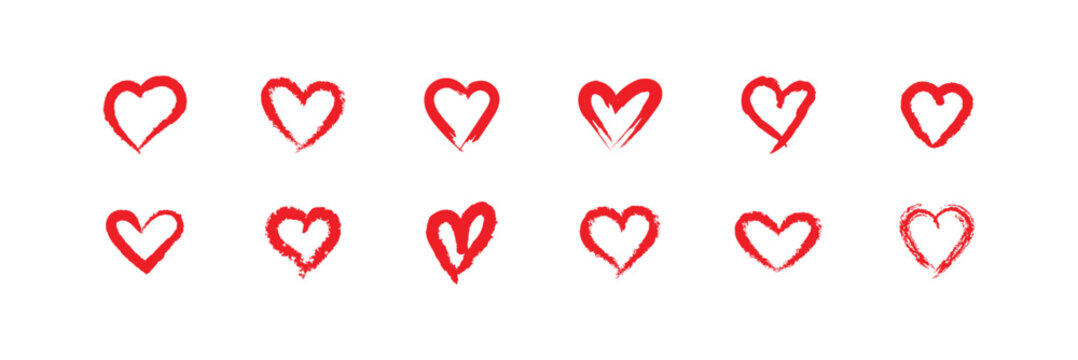 Brush Stroke Heart Icon Set. Hand-Drawn Red Brush Stroke Heart Icon Collection featuring bold lines, expressive outlines, silhouettes and rough grunge textures. isolated on a white background.