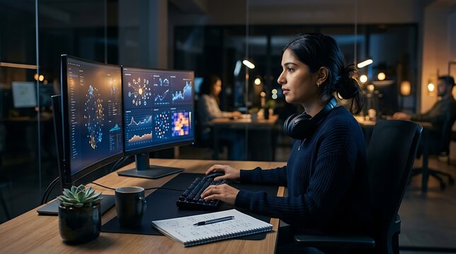 Focused female software developer working late at night in a modern office, typing on a keyboard while analyzing complex network graphs and data visualizations displayed on multiple computer