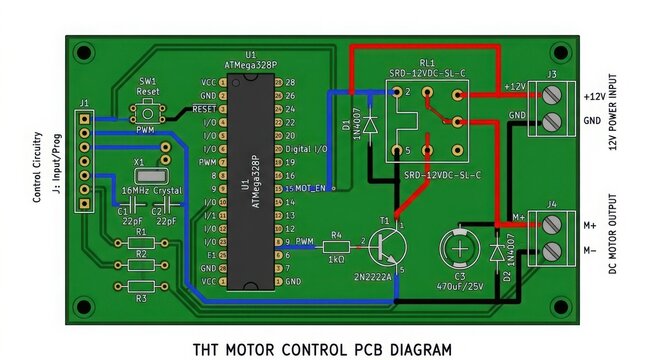 Motor control PCB diagram with electronic components and wiring