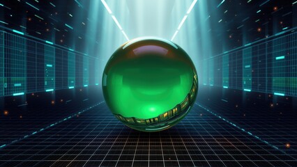 Fototapeta premium Glowing sphere dominates dark futuristic space. Lines converge toward center, creating depth. Grid floor adds perspective.