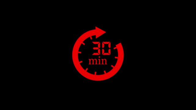 Timer 30 minutes countdown clock with circular arrow on Transparent background arrow clock icon animation. 4k video.. 
