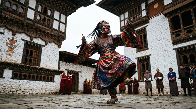 Bhutanese dancer in traditional costume and mask performs during a festival in front of ancient monastery architecture