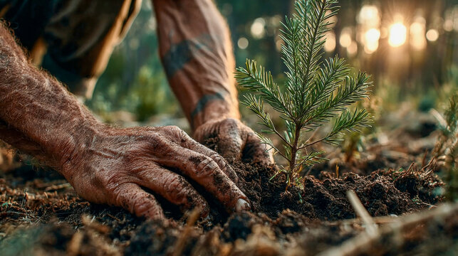 Hands planting tree sapling background, ideal for Earth Day and reforestation campaigns