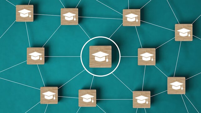 Educational Network Concept Featuring Wooden Blocks with Graduation Cap Icons Connected by Lines on a Dark Teal Background