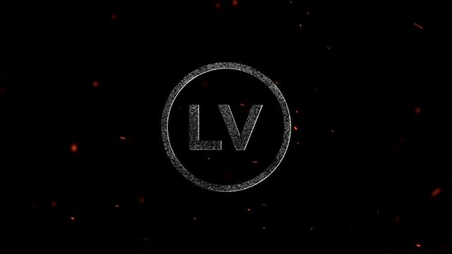 Glowing metallic letters LV inside a circle with floating sparks and embers
