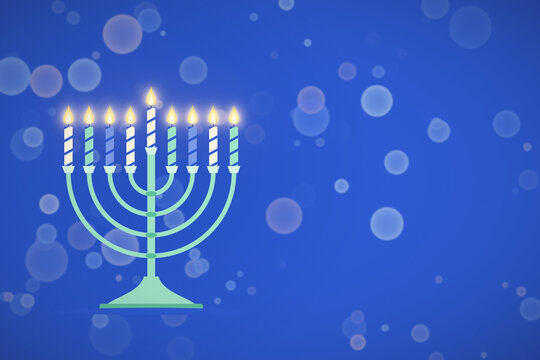 Hanukkah background glowing menorah with lit candles bokeh copy space