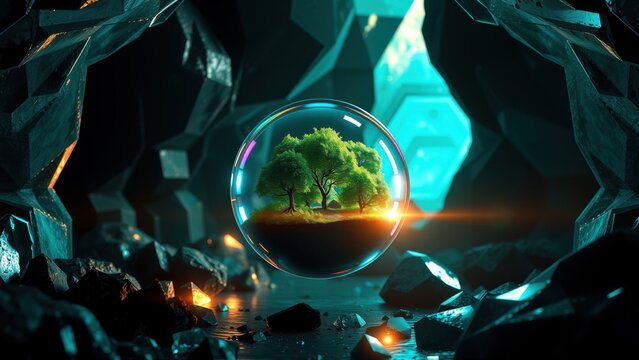 Glowing sphere contains miniature forest scene. Dark jagged rocks surround it, creating dramatic contrast. Futuristic, abstract composition.