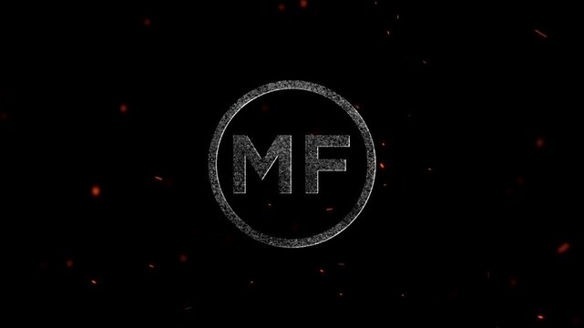 Glowing metallic letters MF inside a circular frame with floating embers