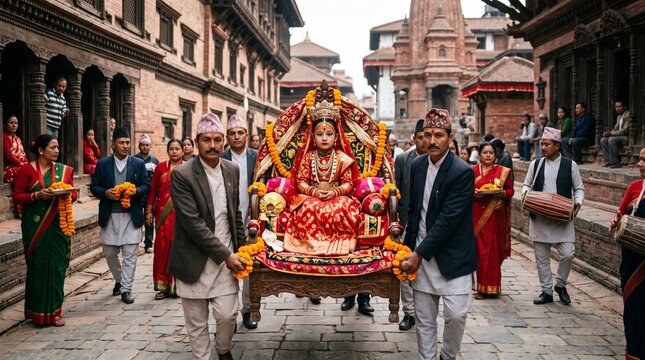 Young girl in traditional attire carried in a palanquin during a cultural procession in Nepal