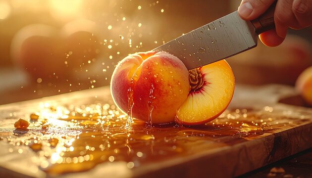 A hand using a steel knife to slice a fresh peach