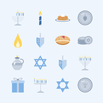 Hanukkah flat color icon set menorah dreidel Star of David vector