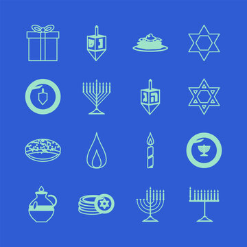 Hanukkah line icon set menorah dreidel Star of David vector symbols
