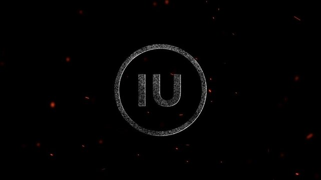 Glowing neon letters IU inside a circular frame with floating embers