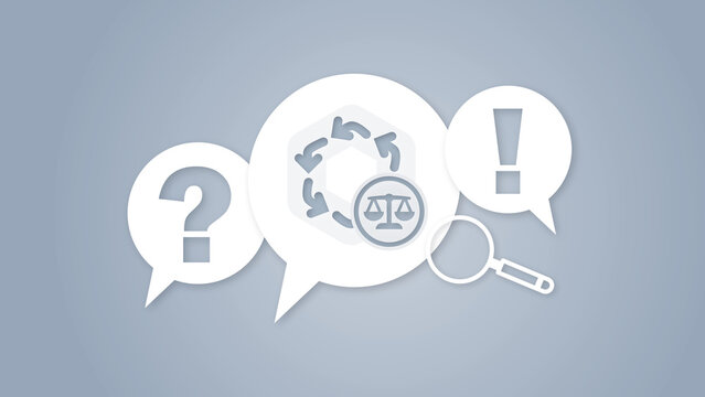 FAQ graphic concept featuring speech bubbles with question mark, law scale symbol, cycle arrows, magnifying glass, and exclamation mark on a light background.