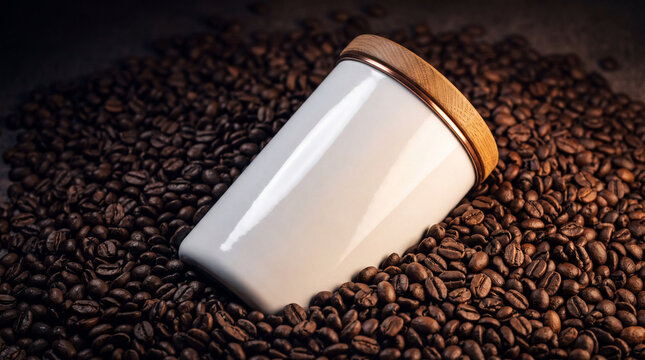 White ceramic coffee cup mockup with wooden lid on roasted coffee beans