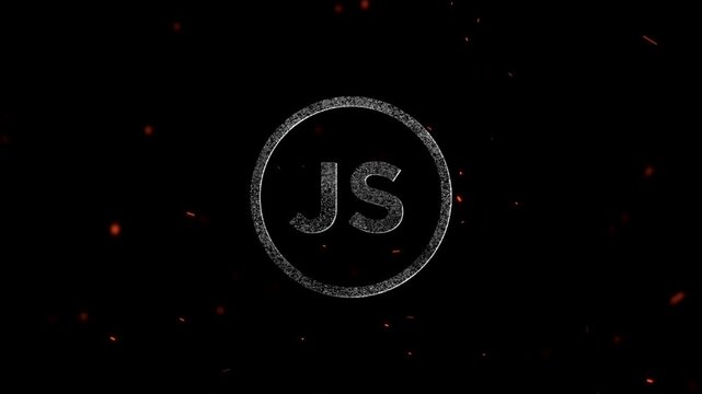 Glowing particle effect surrounding a circular javascript symbol on a dark background